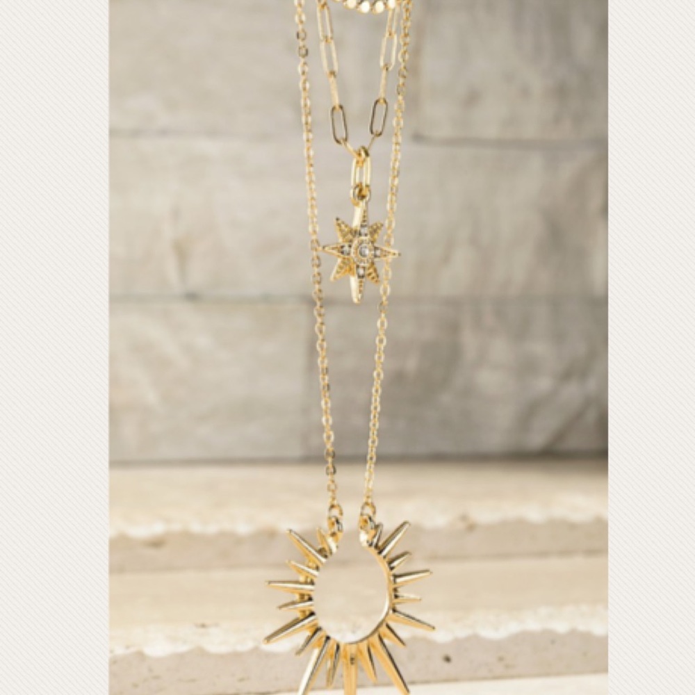 Gold Tone Multi Layer Starburst Pendant Necklace - Picture 4 of 8
